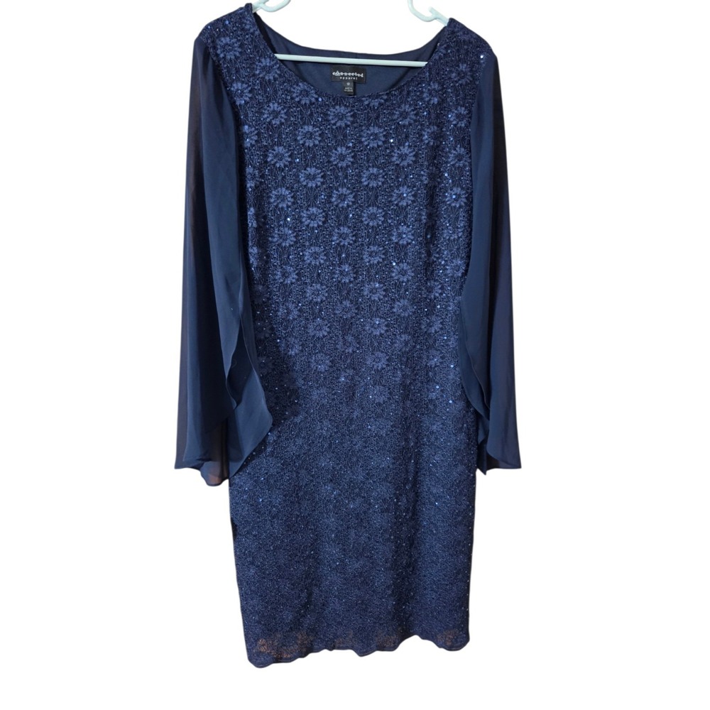 Connected Apparel Navy Blue Floral Sequins lace Midi Shift Dress Chiffon 12